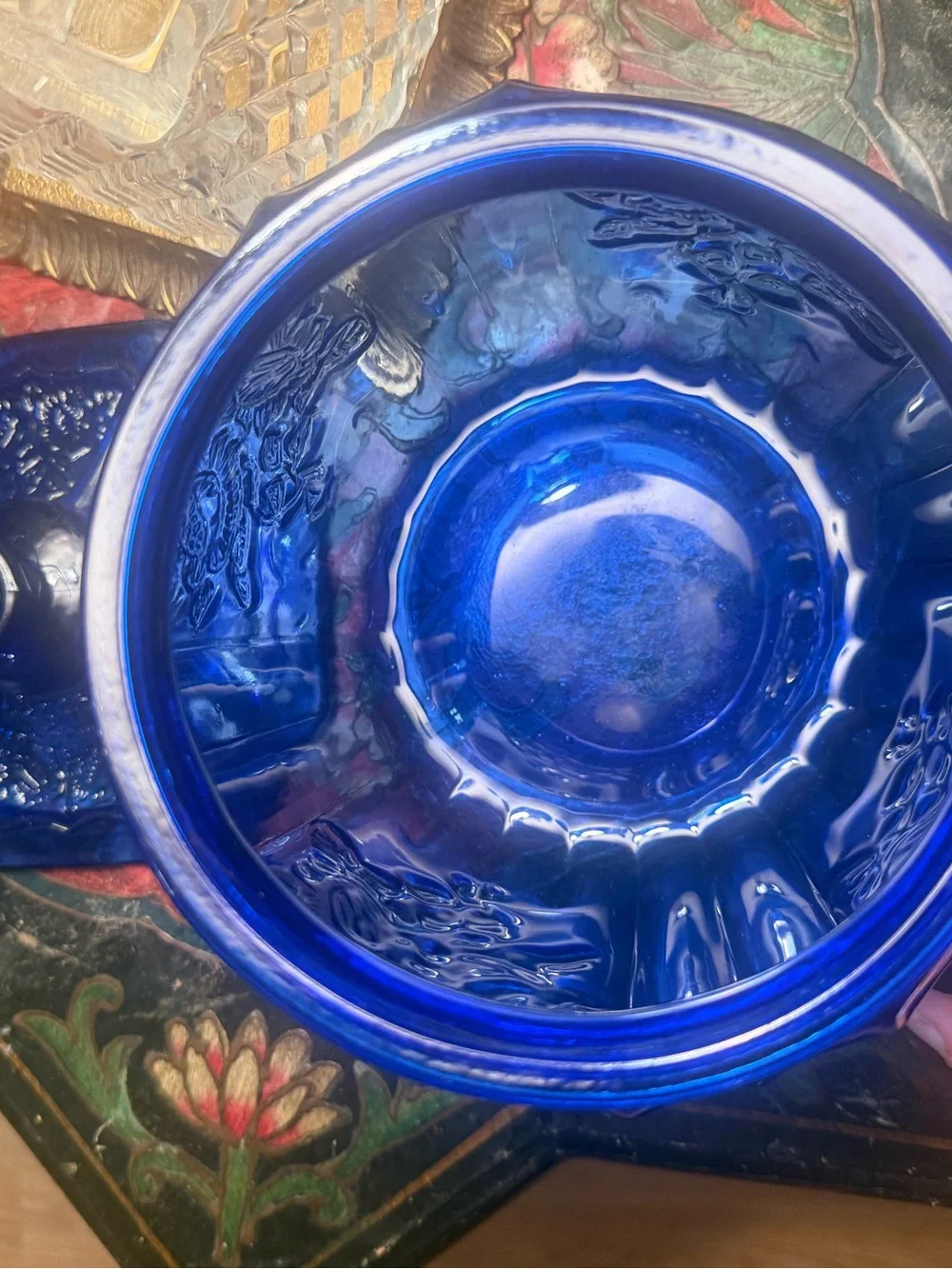 Anchor Hocking Cobalt Blue Floral Glass Biscuit Barrel  Lid